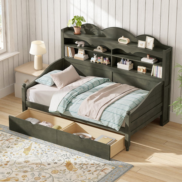 English Elm Twin Daybed Retro Wood Frame with Under Bed Drawers and Headboard Shelving Antique Grey N733S415358E