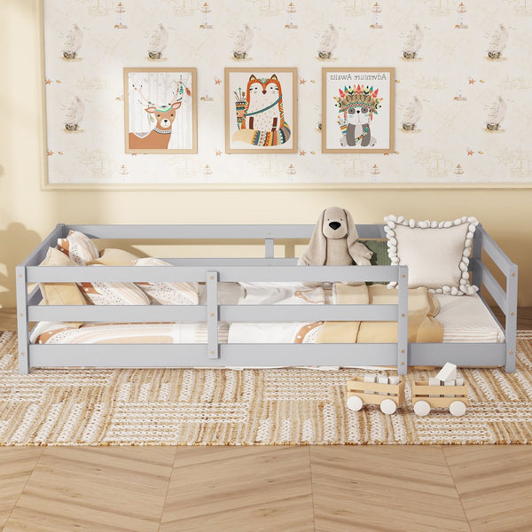 English Elm Twin Pine Montessori Floor Bed with Safety Fence — Grey Low-Profile Kids Twin Frame, 77"x38.9" Interior W1820P369890