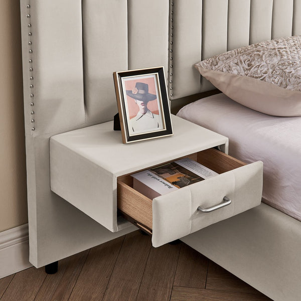 English Elm Queen Velvet Platform Bed with Tufted Headboard Integrated Nightstands and Striped Design Beige W487S00440