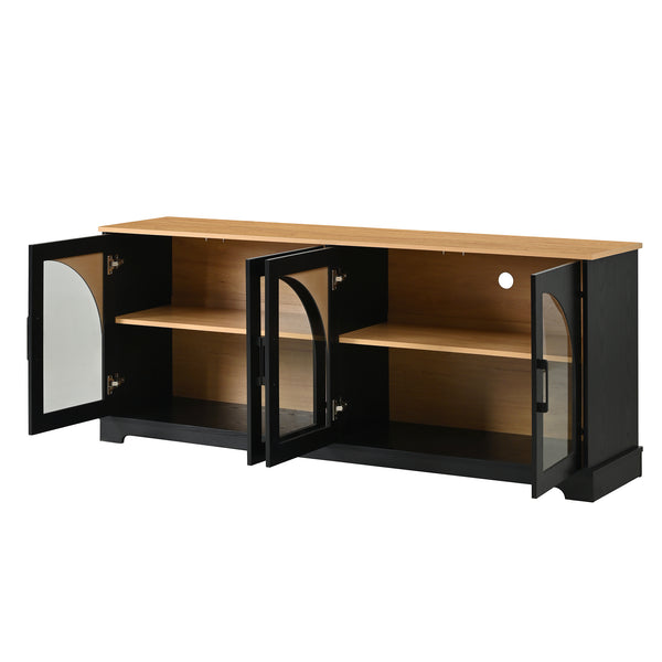 English Elm Farmhouse Media Console with Arched Glass Doors Wood Grain Two Tone Living Room Storage Black N721P411204B