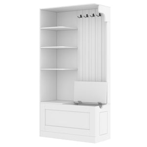 English Elm Multifunctional Modular Hall Tree Cabinet with Open Shelves and Hooks for Entryway White W1580S00519