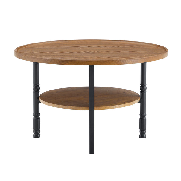 English Elm 2-piece Round Coffee and Side Table Set Walnut Grain Storage Shelf Living Room W1151P433331