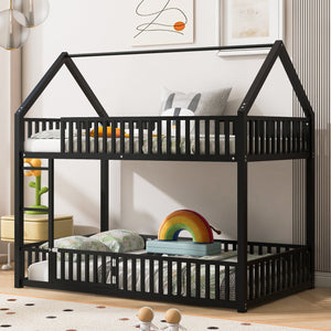 English Elm Metal Twin over Twin House Bunk Bed with Playful Roof, Sturdy Metal Frame, Quiet Support for Kids Black N709P214091B