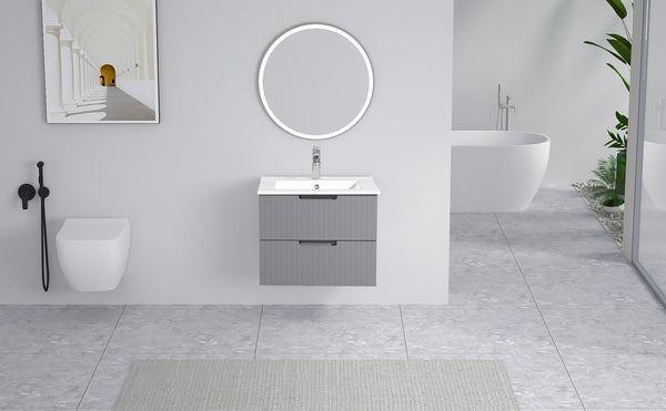 English Elm 24 Inch Floating Bathroom Vanity – Stylish Wall-Mounted Cabinet With Ceramic Sink & Soft-Close Drawers W1550S00032
