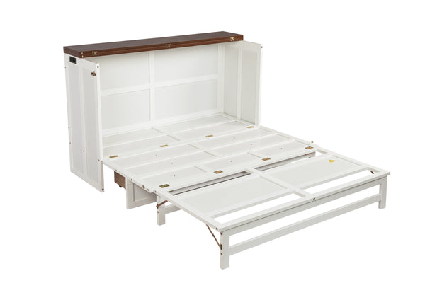 English Elm Murphy Cabinet Queen Bed Solid Pine Frame with Built-in Charging Station for Guest Rooms White+Walnut W504S00193