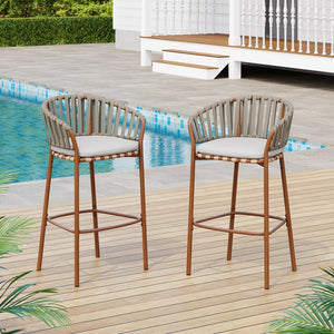 English Elm Christopher Knight Home® - Lodi Teak Outdoor Metal Rope Barstools Set of 2 — Beige Weather-Resistant Fabric, Ergonomic Fan Back N775P268025T
