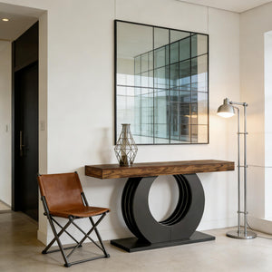 English Elm Practical Geometric Console Table with Matte Black Wood Grain Finish for Entryway or Sofa T3971P458471