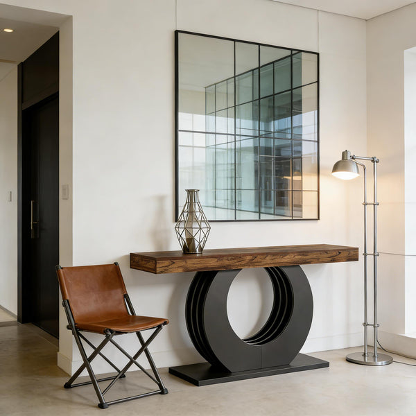 English Elm Practical Geometric Console Table with Matte Black Wood Grain Finish for Entryway or Sofa T3971P458471