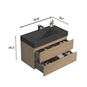 English Elm U092-Alice36W-106 Natural Oak 36" Wall-Mounted Bathroom Vanity with Black One-Piece Basin, Soft-Closing Drawers, Extra Storage, Handle-Free Modern Design W1865S00045