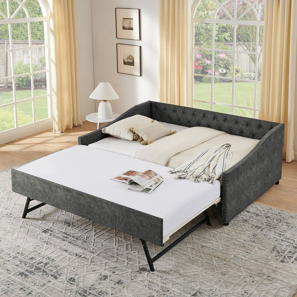 English Elm Full Size Upholstered Daybed with Trundle Usb Ports Tufted Back Wave Arms W1413S00159