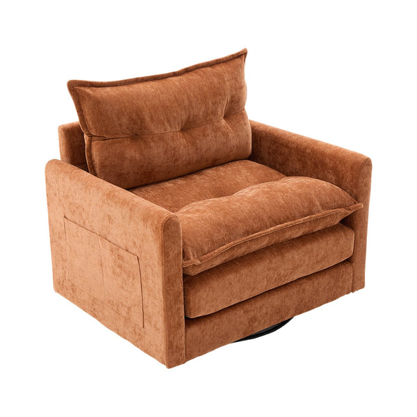 English Elm UNITED Swivel Barrel Chair with Chenille Upholstery, 360° Smooth Rotation, Padded Arm Comfort and Side Pockets for Living Room Relaxation Brown W1568P290084