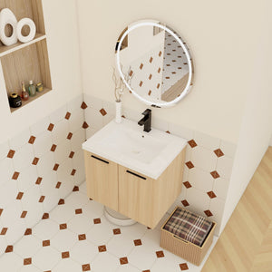 English Elm 24" Floating Oak Plywood Bathroom Vanity Set with Glossy Resin Sink Scandinavian Style W3450S00068