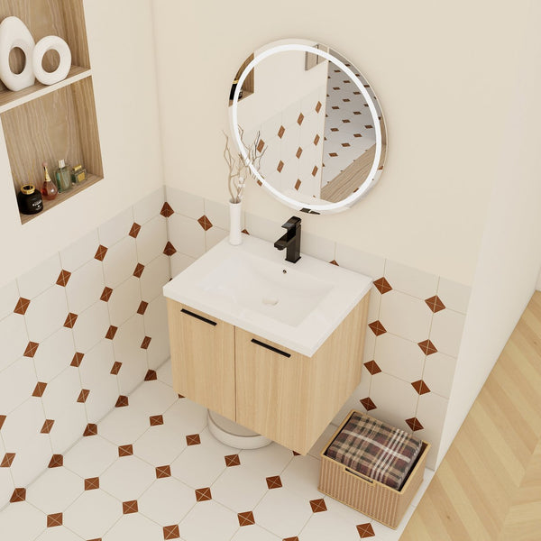 English Elm 24" Floating Oak Plywood Bathroom Vanity Set with Glossy Resin Sink Scandinavian Style W3450S00068