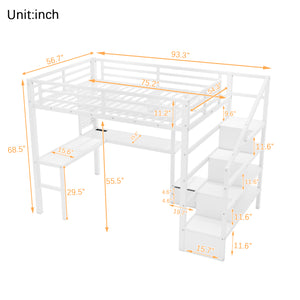 English Elm Full Size Loft Bed With Integrated Led, Workspace & Storage, Stylish Metal Frame For Kids' Rooms W2593S00018