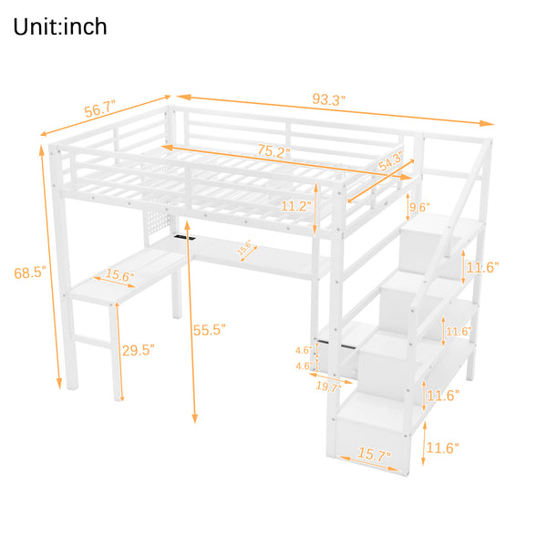 English Elm Full Size Loft Bed With Integrated Led, Workspace & Storage, Stylish Metal Frame For Kids' Rooms W2593S00018