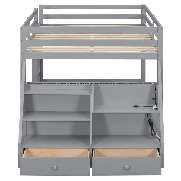 English Elm Full Bunk Bed with App Led Lighting Usb Charging Storage Drawers Kids Bedroom Gray N820S00080E