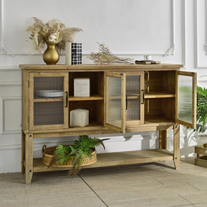 English Elm 59.06" Rustic Wood Sideboard with Glass Door Cabinet and Open Shelf for Dining Room W3933P379119