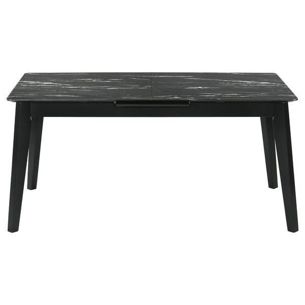 English Elm Bellingham Black Faux Marble Dining Table with Self-Storing Extension Leaf and Splayed Legs, Versatile Elegance B062P354064