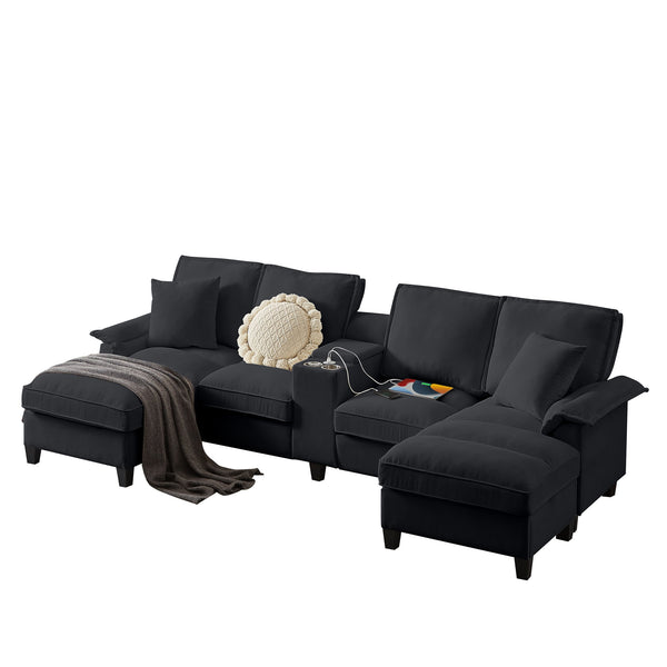 English Elm 120" Modular Corduroy Sectional Sofa Bed with Storage, U-Shaped 4-Seater, Cup Holders & Console Black W1359S00013