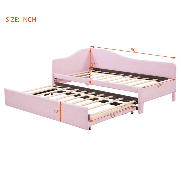 English Elm Twin Upholstered L-Shaped Daybed with Pop-Up Trundle, Space-Saving Guest Bed with Slats Kit and 400lb Capacity Pink SF000193AAH