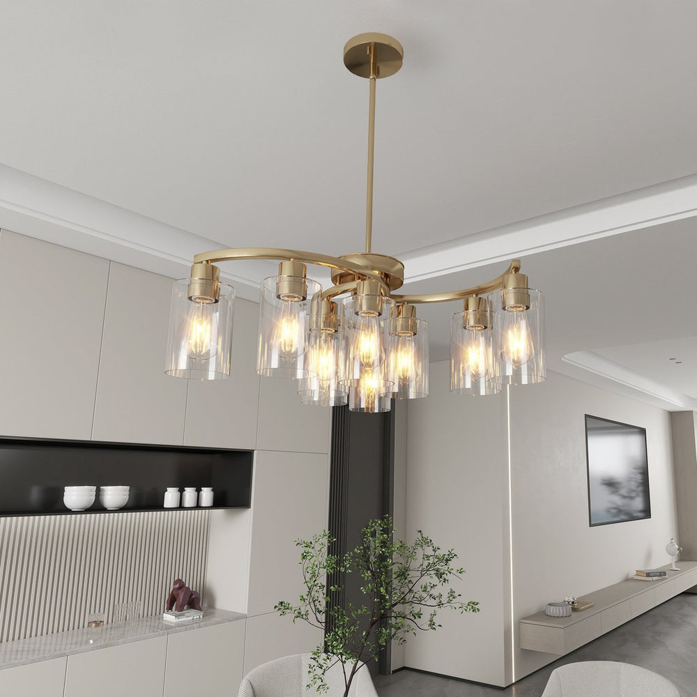 English Elm 9-Light Modern Farmhouse Chandelier with Clear Glass Shades, Adjustable Height, Industrial Iron Fixture Gold W2312P374989