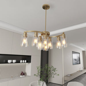 English Elm 9-Light Modern Farmhouse Chandelier with Clear Glass Shades, Adjustable Height, Industrial Iron Fixture Gold W2312P374989
