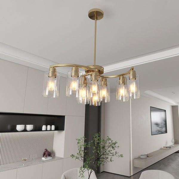 English Elm 9-Light Modern Farmhouse Chandelier with Clear Glass Shades, Adjustable Height, Industrial Iron Fixture Gold W2312P374989