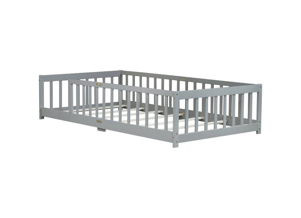 English Elm Twin Floor Bed With Safety Guardrails, Eco-Friendly Rubberwood Design, Modern Low-Profile Comfort W504P286394-GIGA
