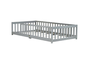 English Elm Twin Low Profile Rubberwood Floor Bed with Full Safety Fence for Toddler Rooms Grey W504P429333