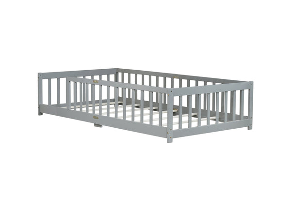 English Elm Twin Low Profile Rubberwood Floor Bed with Full Safety Fence for Toddler Rooms Grey W504P429333
