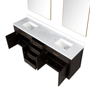English Elm Black Oak Double Bath Vanity With Carrara Marble Top, 84" W, Soft-Close Doors & 36" Mirrors Included B2731S02146