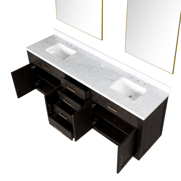 English Elm Black Oak Double Bath Vanity With Carrara Marble Top, 84" W, Soft-Close Doors & 36" Mirrors Included B2731S02146