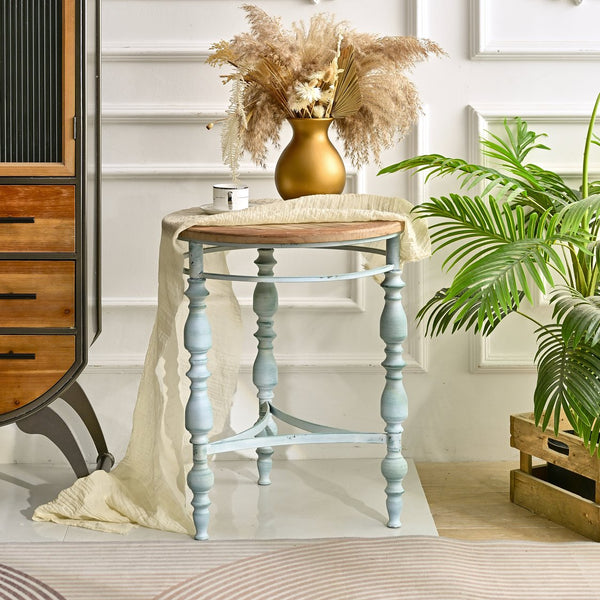 English Elm Easy Assembly Round Carved Wood End Table Rustic Distressed Finish for Living Room W3933P379165