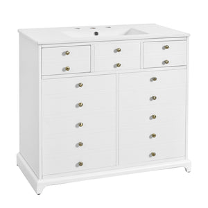 English Elm 36'' Bathroom Vanity with Ceramic Sink Combines Retro Solid Wood Frame, Soft-Close Drawers & Ample Storage White N710P195628K