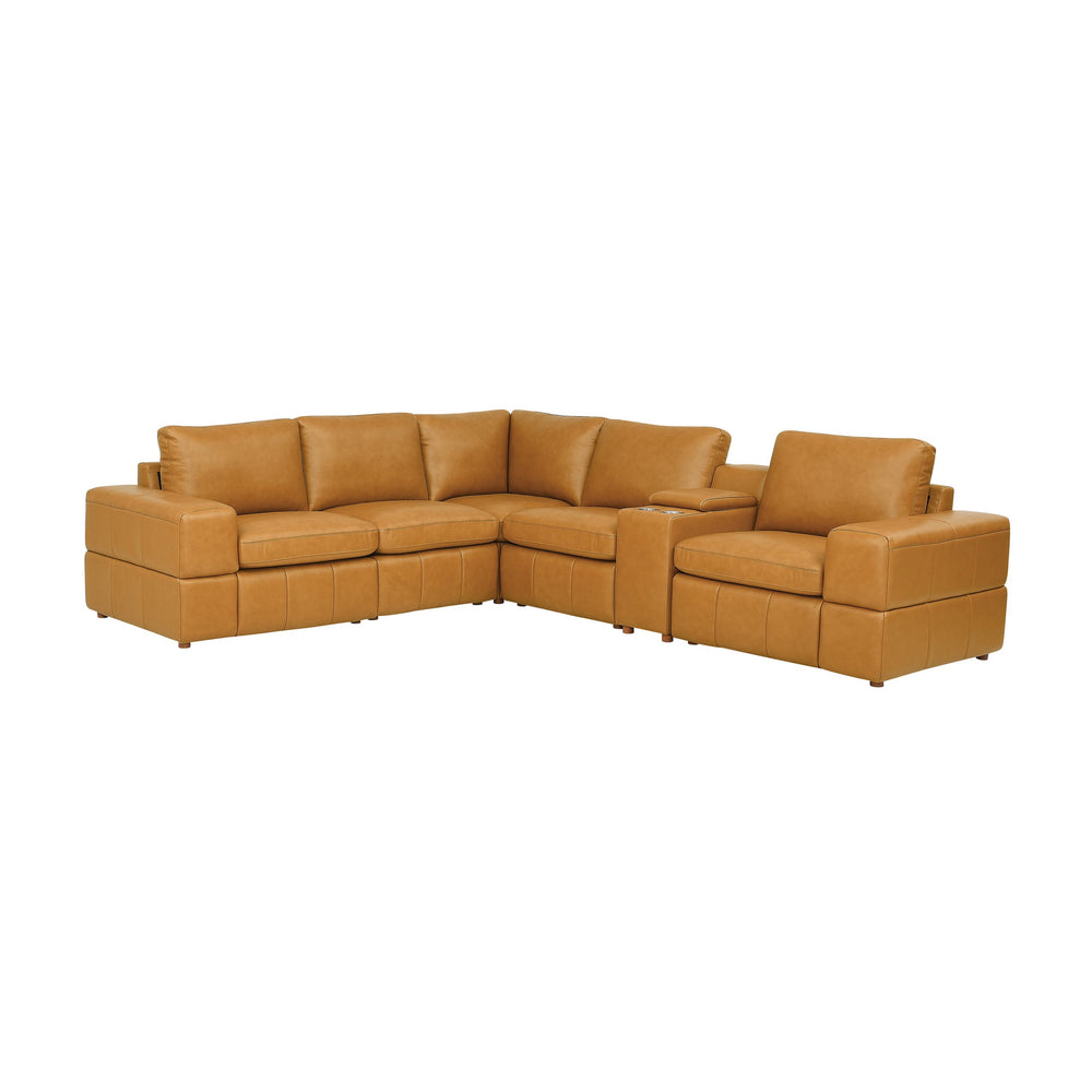 English Elm Premium Leather Match Sectional with Dual Recliners Cup Holders and Storage Console Ginger B2748S00135