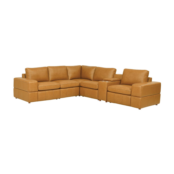 English Elm Premium Leather Match Sectional with Dual Recliners Cup Holders and Storage Console Ginger B2748S00135