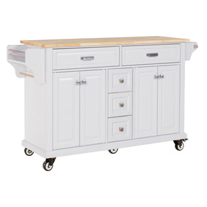 English Elm Kitchen Island durable rubberwood countertop kitchen cart on casters with towel rack, spice shelf, 5 drawers and adjustable shelving for organized meal prep and mobility White W914S00002
