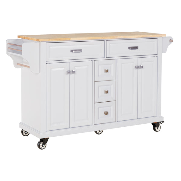 English Elm Kitchen Island durable rubberwood countertop kitchen cart on casters with towel rack, spice shelf, 5 drawers and adjustable shelving for organized meal prep and mobility White W914S00002