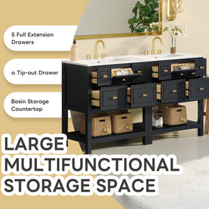 English Elm 60'' Elegant Freestanding Bathroom Vanity Set With Ceramic Sink, Solid Wood Frame & Ample Storage N710SS00004B