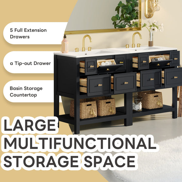 English Elm 60'' Elegant Freestanding Bathroom Vanity Set With Ceramic Sink, Solid Wood Frame & Ample Storage N710SS00004B