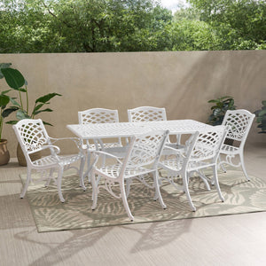 English Elm Christopher Knight Home® - Monterey Cast Aluminum 7-Piece Outdoor Dining Set in White — Floral Lattice Table, Rust-Resistant Elegance 54589.00WHI-6_57704.00WHI