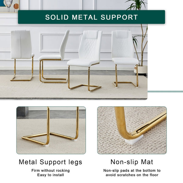 English Elm Table 5-Piece Set: Elegant White Marble Round Dining Table With Gold Legs & 4 Pu Upholstered Chairs W1151S02491-GIGA