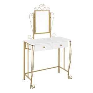English Elm Vanity Table Set with Mirror Stool White Vintage Bedroom Dressing Storage Desk D66592206