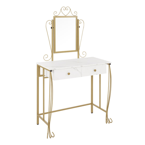 English Elm Vanity Table Set with Mirror Stool White Vintage Bedroom Dressing Storage Desk D66592206