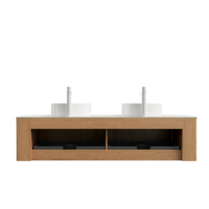 English Elm Dina 60 Inch Floating Bathroom Vanity Sintered Stone Top Dual Glass Basins Wood Grain W2615S00343