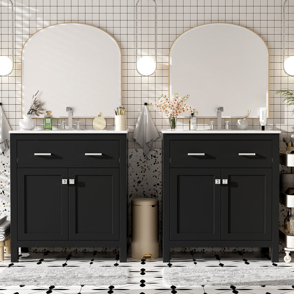 English Elm 60" Modern Bathroom Vanity Set with Double Ceramic Sinks, Soft-Close Doors, Flip Drawer & Storage Black N729P000002B