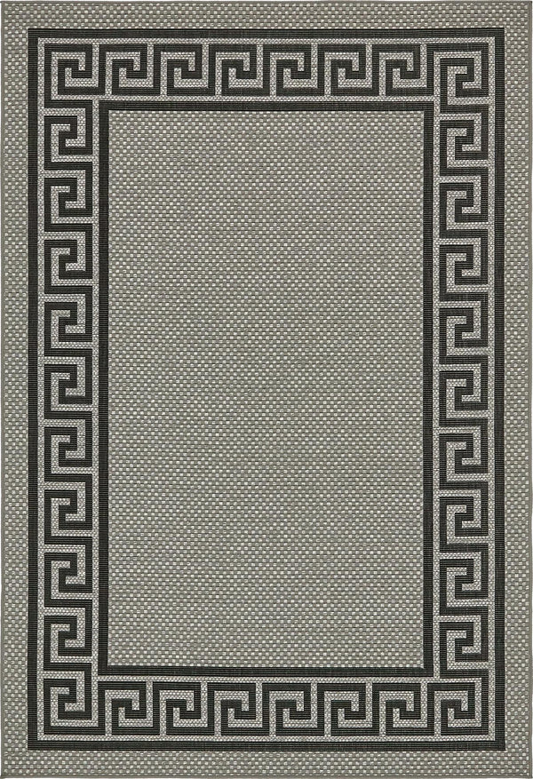 Unique Loom Outdoor Border Greek Key Machine Made Geometric Rug Gray, Black/Gray/Silver 6' 1" x 9' 0"