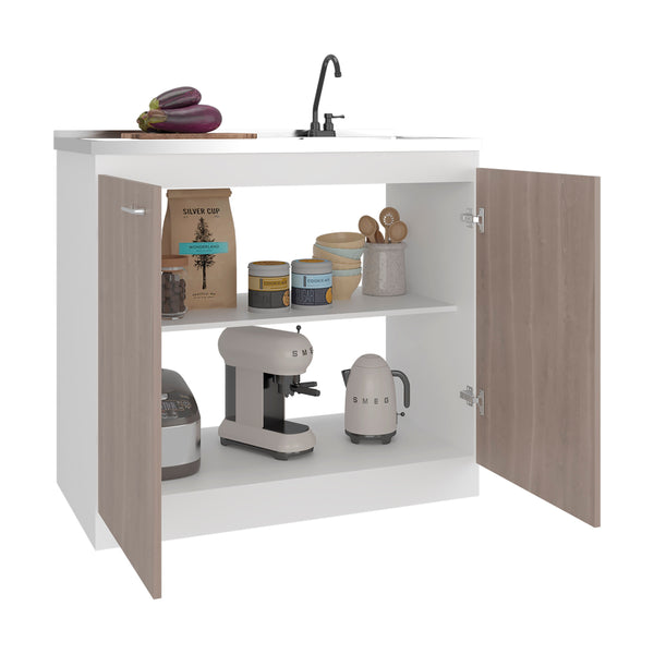 English Elm White Melamine Utility Sink Cabinet with Open Shelving for Laundry and Mudroom B062S01852