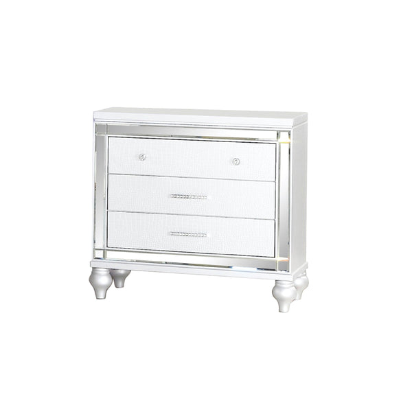 English Elm Sterling Glam 3-Drawer Nightstand White with Beveled Mirror, Crocodile Texture & Crystal Handles G150108475