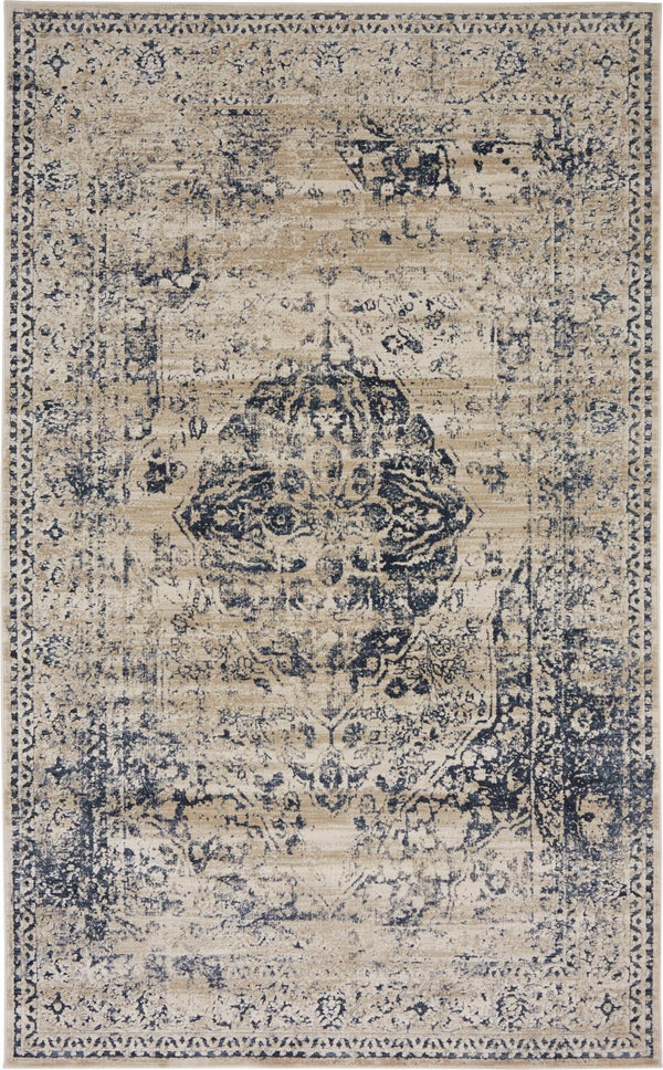 Unique Loom Chateau Hoover Machine Made Border Rug Dark Blue, Beige/Cream/Gray 5' 1" x 8' 0"